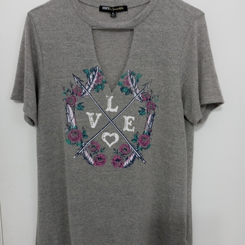 Honey & Sparkle Short Sleeve Cut Front Floral and Love Shirt